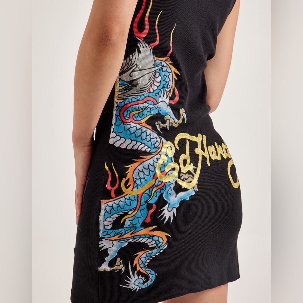 Ed Hardy Black Mini Dress with Blue Dragon Design - Picture 6 of 8